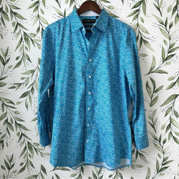 Nick Graham Stretch Modern Fit Button Down Shirt. Blue Floral. Size Large. - Picture 1 of 8